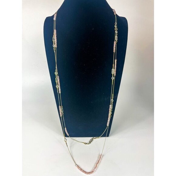 Chico's Gold Tone Pink Glass Beads 2 strand Necklace 42'' - Picture 1 of 4